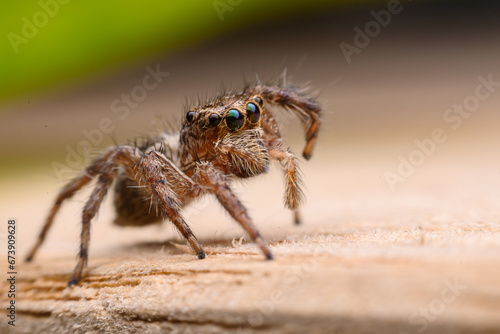 A close-up of a jumping spider with iridescent eyes, captured in fine detail against a soft green backdrop, highlighting its textured hair and legs.