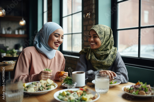 Generative ai young women muslim wearing hijab together eating bar © Eugenio Marongiu