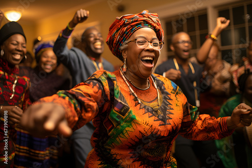 A person captures the lively dance and song of a family celebrating Kwanzaa, honoring African heritage and values, in a continuation of tradition, photo