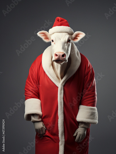An Anthropomorphic Cow Dress Up as Santa Claus