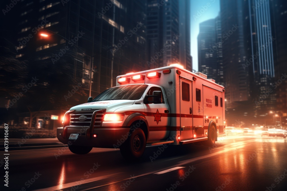 Emergency ambulance car fast driving on night city downtown district with motion blur. 911 call.