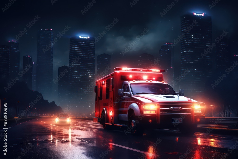 Call 911. Emergency ambulance car fast driving on night city downtown district with motion blur. Call 911. Emergency ambulance car fast driving on night city downtown district with motion blur.