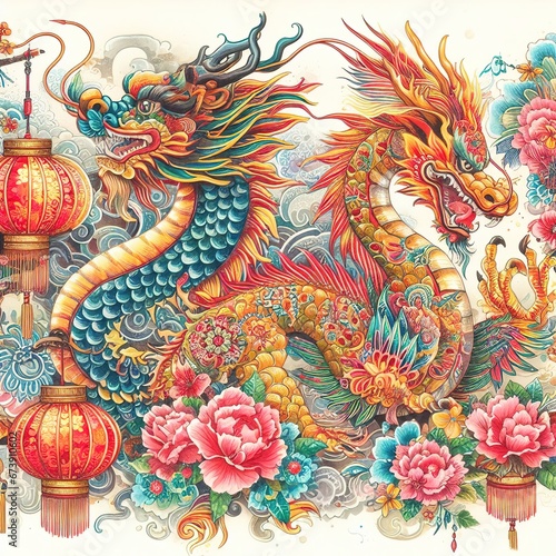 Beautiful illustration for Chinese New Year. Generative AI © Yan Gordiza
