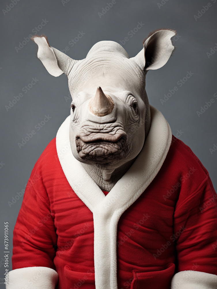 An Anthropomorphic Rhino Dress Up as Santa Claus