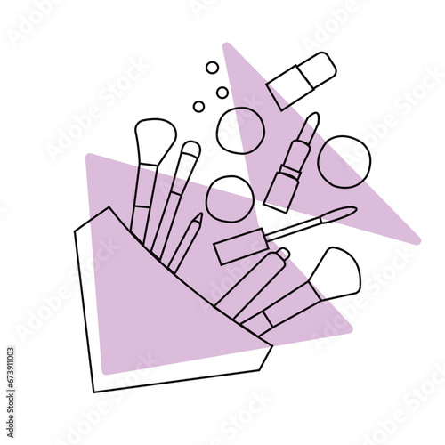 Woman flat lay makup background with cosmetics. Cream, lipstick, concealer,  lipgloss  and brushes. Top view on white background, copy space .Vector illustration