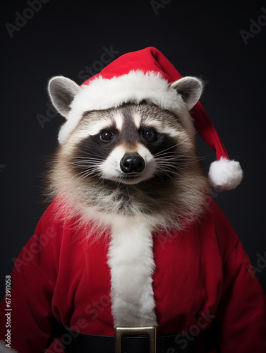 An Anthropomorphic Raccoon Dress Up as Santa Claus