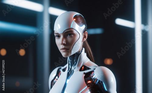 Female cyborg with white helmet and robotic armored suit. © Quardia Inc.