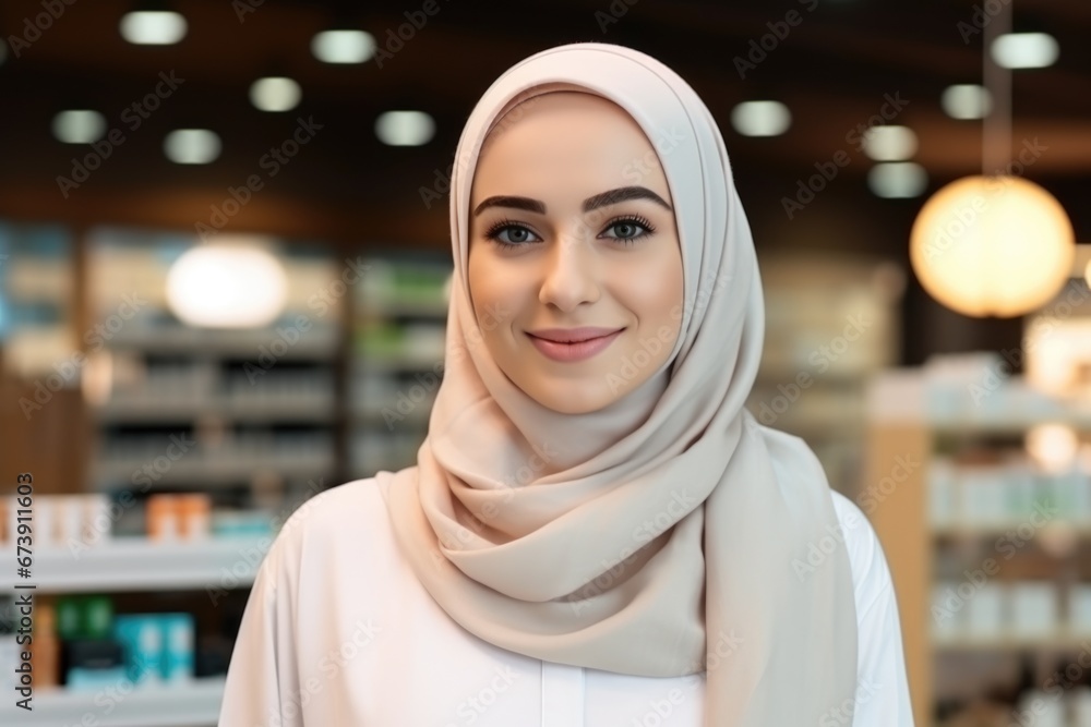 Portrait of a lovely Muslim female pharmacist in hijab against a background of medicines.