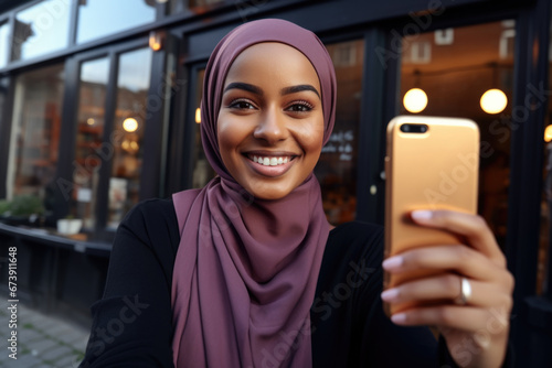 Portrait of a cheerful swarthy Muslim woman in purple hijab with a smartphone in her hand taking selfies against the background of city windows. photo