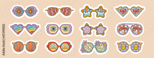 Groovy sunglasses set, vector retro hippy glasses sticker, doodle funky vintage disco accessories. Trippy boho eye, summer psychedelic eyeglasses, heart star shape eyewear kit. Fun groovy sunglasses