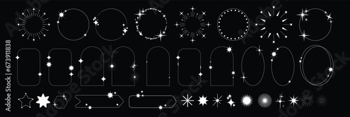 Star frame set, line ornament y2k arch element, vector minimal decoration retro border geometry kit. Futuristic sparkle simple figure, oval rectangle magic title banner. Boho circle cute star frame