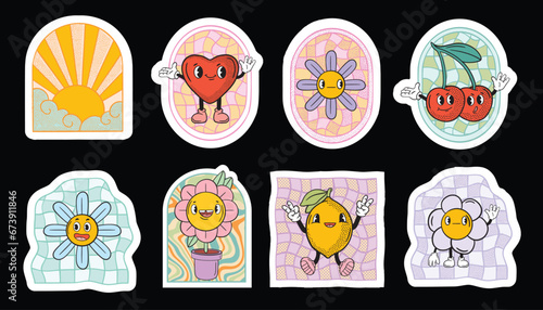 Retro groovy sticker patch set, funny mascot character kit vector cartoon vintage funny flower. Acid cute psychedelic cloud, pop cherry comic doodle funky nostalgic print. Hippy groovy sticker pack