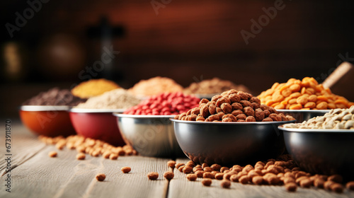 Set of Dry cat food in bowl on wooden background. Vitamins and nutrients for good health and energy of pets. Copy space.
