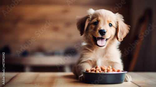 Dog with food in bowl. Pets food concept. Dry food in granules © PaulShlykov