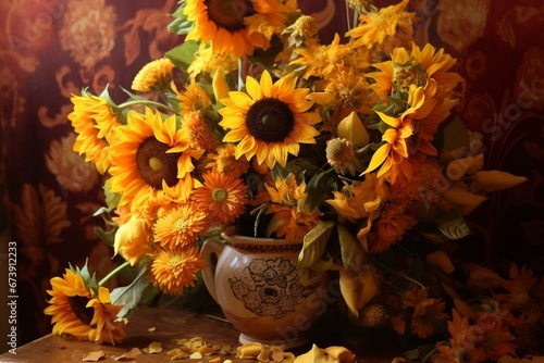 arrangement of golden sunflowers. Generative AI