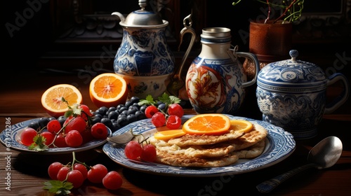breakfast with pancakes and fruits ai generated