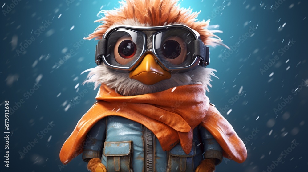 Fototapeta premium a cartoon bird wearing a jacket and goggles facing.Generative AI
