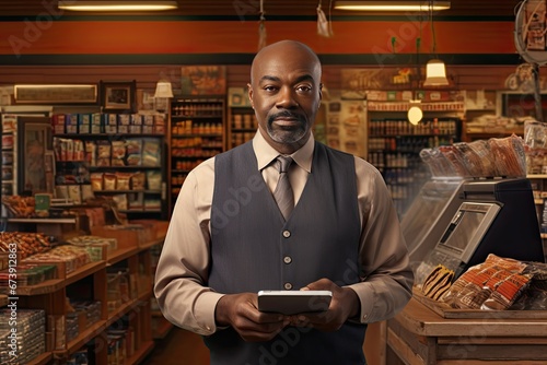 Serious middle aged African American man who owned a grocery store standing with a tablet PC. Online accounting and sales analysis. photo