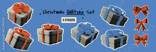 Vector illustration - Set of gift boxes and bows with a halftone effect. Retro collage elements for your digital designs. Trendy stickers in pop art or grunge style.