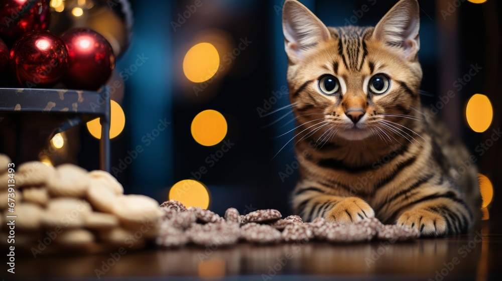 Savannah cat looking at the gingerbread cookie dough and other sweets on the table. Happy New Year! Savannah cat. Horizontal banking poster background for ad. Photo AI Generated