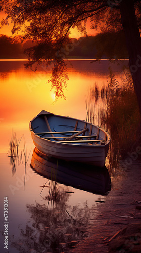 Atardecer sereno en el lago: bote solitario bajo un árbol, aguas en calma reflejando la luz dorada del ocaso, y un tranquilo paisaje natural que invita a la reflexión y al disfrute de la vida silvestr