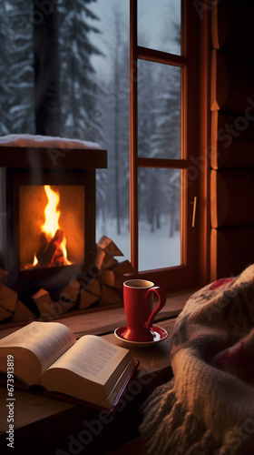 Acogedora tarde de invierno: vista desde una cabaña de madera con chimenea encendida, taza de café caliente, libro abierto y manta suave, con un paisaje nevado a través de la ventana en la tranquilida