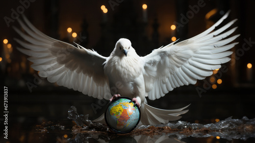 The dove of peace with a globe in its claws. Spreads his majestic wings and tries to protect the world. photo