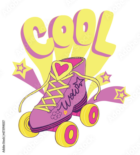 Cool cartoon poster with disco roller Skates, hearts sign, stars. 90s and 80s style t shirt design. Colorful girlish shoes illustration.
