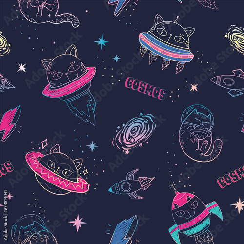 Fun cat astronaut in space seamless pattern. Vector cartoon charters. Editable vector illustration.