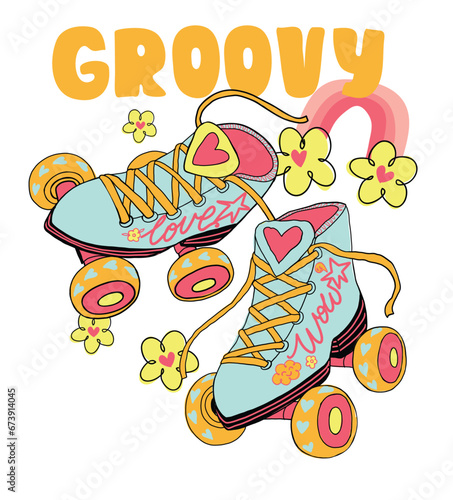 Groovy cartoon poster with disco roller Skates, hearts sign, stars. 90s and 80s style t shirt design. Colorful girlish shoes illustration.