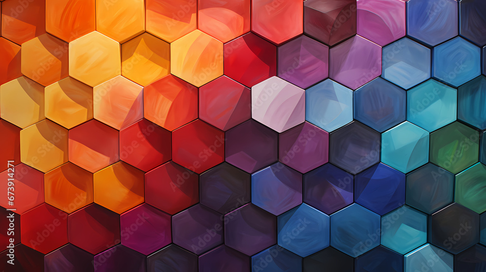 An oil painting depicting a vibrant geometric dance of hexagons in a spectrum of contrasting colors, each facet shimmering with a glossy finish An oil painting depicting a vibrant geometric dance of hexagons in a spectrum of contrasting colors, each facet shimmering with a glossy finish
