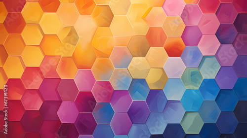 An oil painting depicting a vibrant geometric dance of hexagons in a spectrum of contrasting colors  each facet shimmering with a glossy finish
