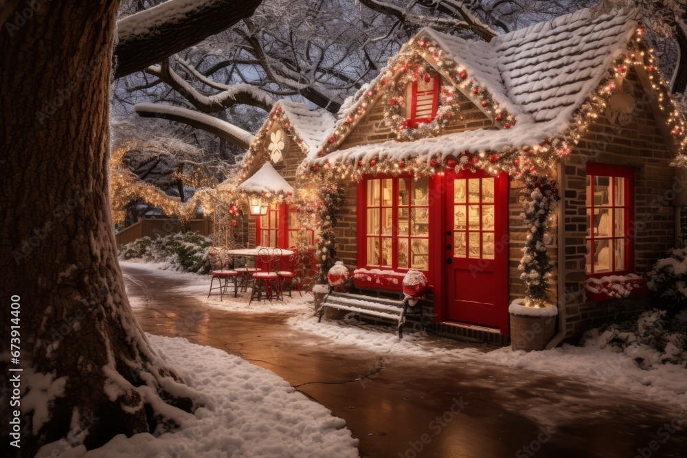Festive cottage with christmas decorations and twinkling lights in snowy surroundings
