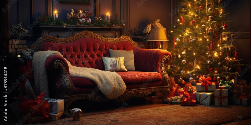 Christmas day, christmas morning or early evening, fictional, christmas presents on carpet in living room, sofa couch, christmas tree.  Generative AI