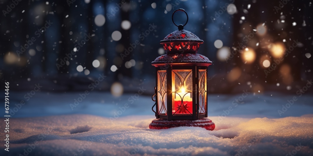 Christmas lantern on snow. Generative AI Christmas lantern on snow. Generative AI