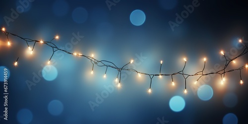 Christmas garland bokeh lights over blue background. Minimalist holiday illumination. Generative AI photo