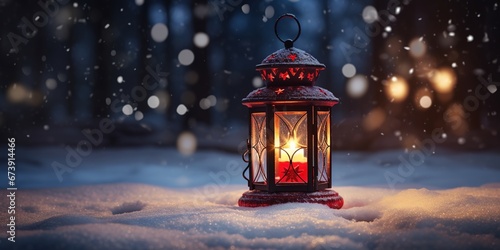 Christmas lantern on snow. Generative AI
