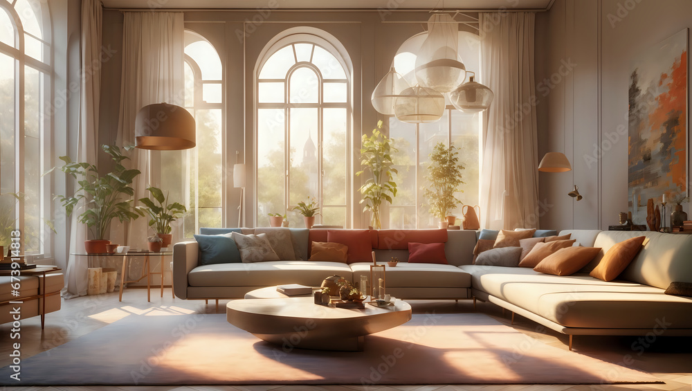 Fototapeta premium a living room filled with furniture and a large window