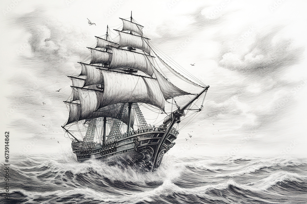 Naklejka premium Pirate ship at sea. Black and white pencil drawing