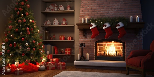 Christmas tree with fireplace and stockings for xmas promotion. Generative AI