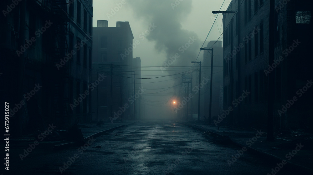 dark night street in fog, halloween background - obrazy, fototapety, plakaty 