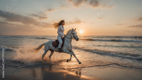 A young fashion model rides a horse along the seashore on a beach, an ideal visual for fashion editorials or lifestyle campaigns.