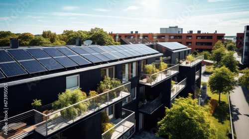 vue aérienne de toit terrasse avec installation photovoltaïque composée de rangée de panneaux solaires