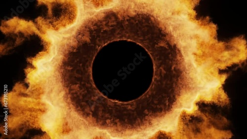 The huge black pupil of a fiery eye stares into the camera.