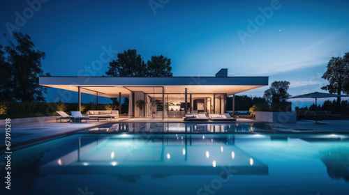 villa contemporaine d'architecte aux murs blanc et grandes baies vitrées avec piscine et terrasse photo