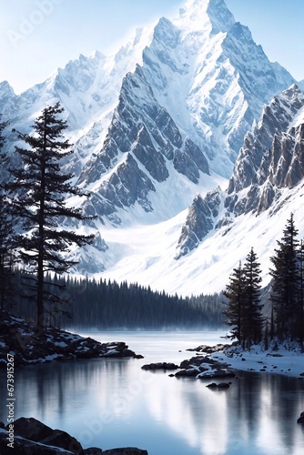 snowy landscape, winter landscape, snowy mountain landscape, Pine trees