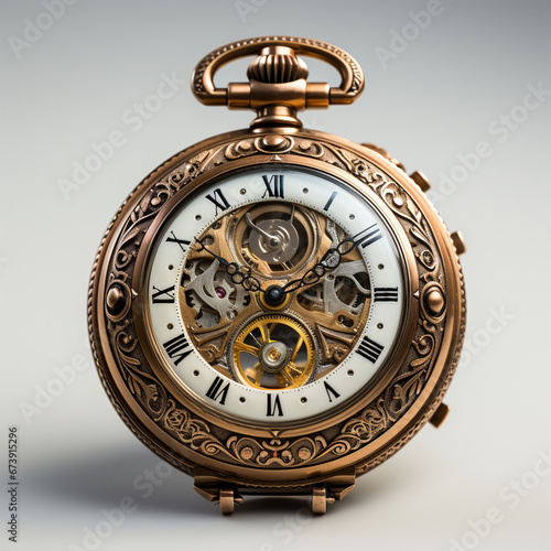  A vintage pocket watch, with an ornate face showing both the time and phases of the moon, this watch positioned in the middle of the picture, white background, monochrome.