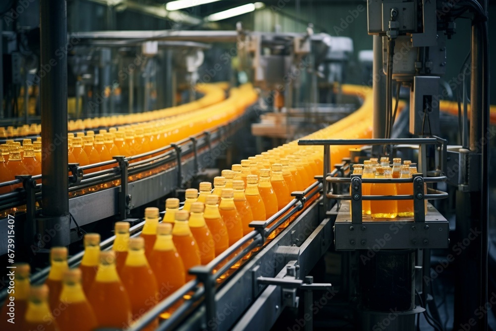 Factory, conveyor, bottles, juice, interior, production, food, beverages. Generative AI