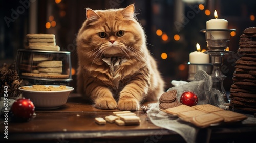 Regdol cat stealing gingerbread cookies, other sweets from the table, New Years blurred lights. Regdol cat. Horizontal banking background for web. Photo AI Generated photo