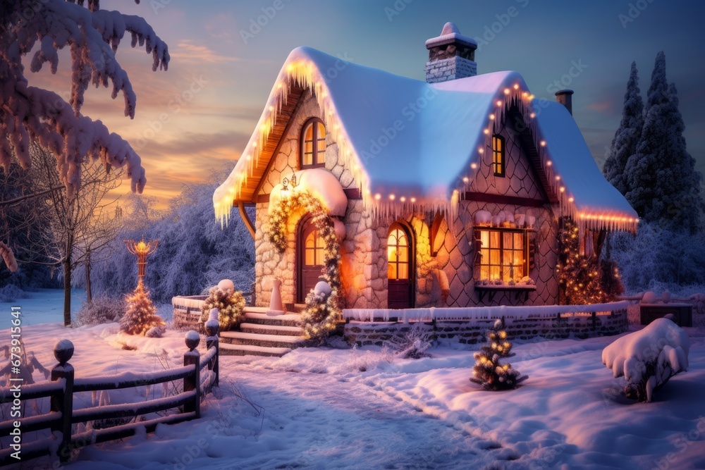 custom made wallpaper toronto digitalEnchanting and cozy christmas cottage with festive decorations and snowy surroundings at evening